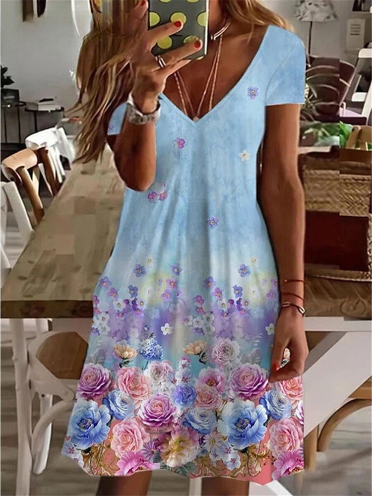 MW | Women's Sundress Midi-Kleid kurze Ärmel Floral Print Sommer lässig V Hals lose Kleider Plus Größe 2024 Weibliche Kleidung Vestidos