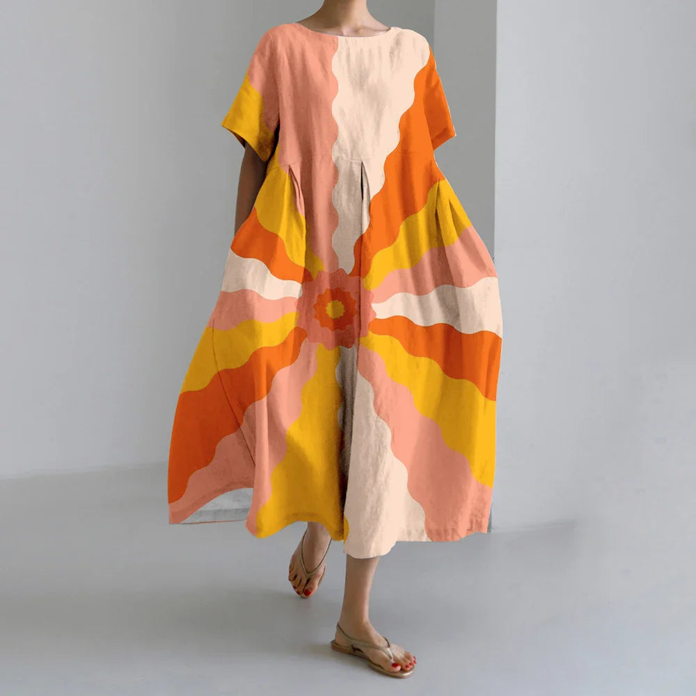 MW | Neue Sommer Frauenkleider Exquisite Elegante Rundhalsausschnitt Kurze Ärmel Lang Rosa Gepunktet Unregelmäßig Bedruckt Bequeme Midikleider