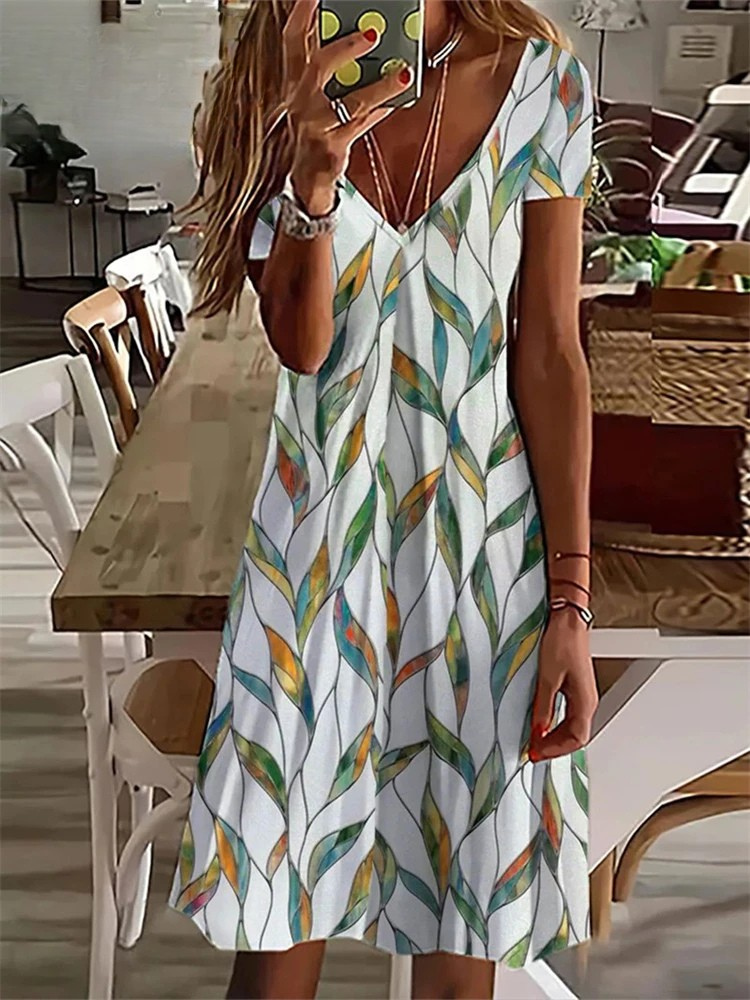 MW | Women's Sundress Midi-Kleid kurze Ärmel Floral Print Sommer lässig V Hals lose Kleider Plus Größe 2024 Weibliche Kleidung Vestidos