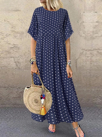 MW | Polka Dot Damen Midikleid Bohemian Urlaub Kurzarm O-Ausschnitt Lange Robe Vintage Locker Lässig A-line Vestidos Sommer