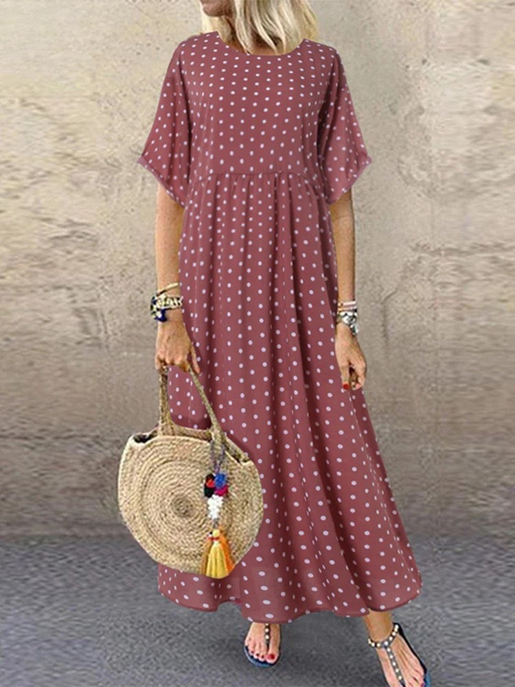MW | Polka Dot Damen Midikleid Bohemian Urlaub Kurzarm O-Ausschnitt Lange Robe Vintage Locker Lässig A-line Vestidos Sommer