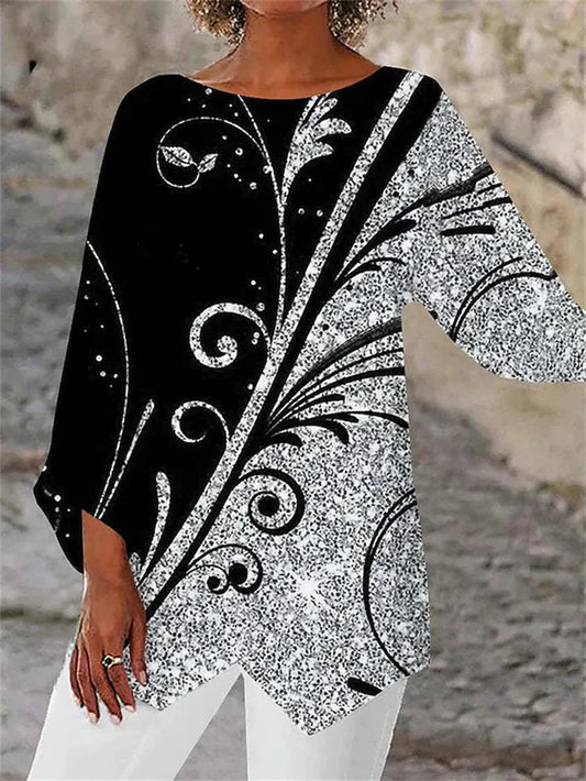 MW | Stylische geometrisch bedruckte Langarmbluse