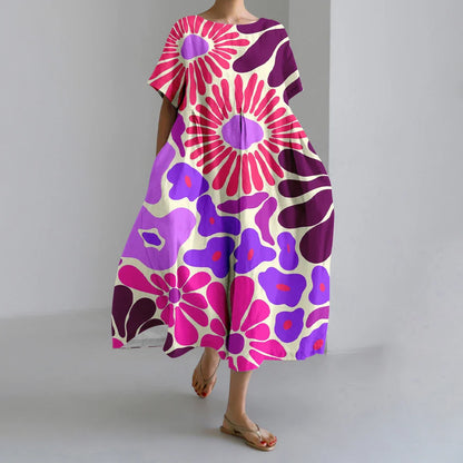 MW | Neue Sommer Frauenkleider Exquisite Elegante Rundhalsausschnitt Kurze Ärmel Lang Rosa Gepunktet Unregelmäßig Bedruckt Bequeme Midikleider