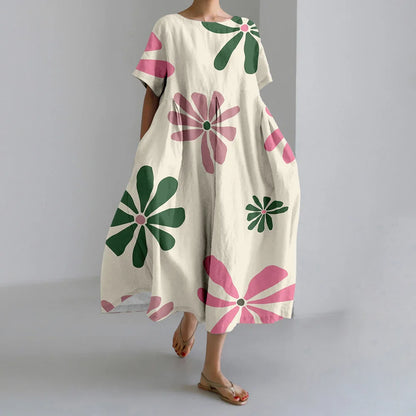 MW | Neue Sommer Frauenkleider Exquisite Elegante Rundhalsausschnitt Kurze Ärmel Lang Rosa Gepunktet Unregelmäßig Bedruckt Bequeme Midikleider