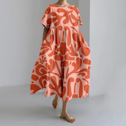 MW | Neue Sommer Frauenkleider Exquisite Elegante Rundhalsausschnitt Kurze Ärmel Lang Rosa Gepunktet Unregelmäßig Bedruckt Bequeme Midikleider