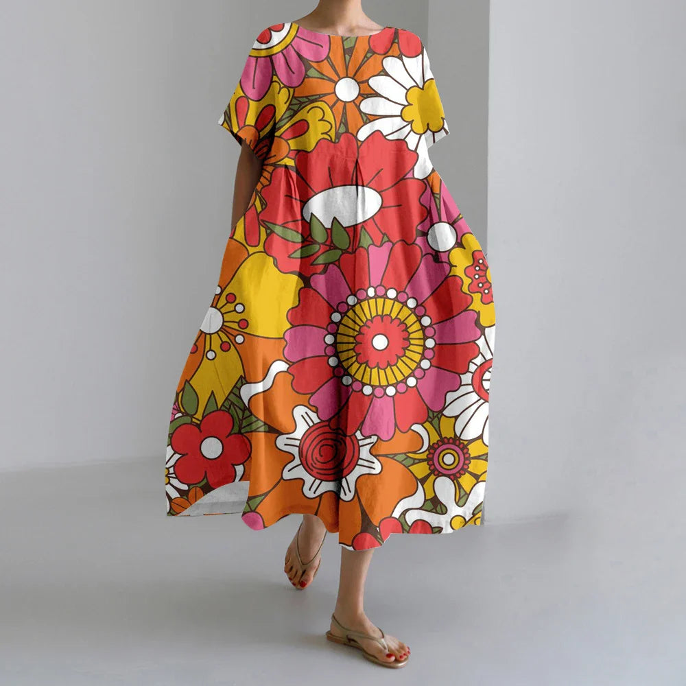 MW | Neue Sommer Frauenkleider Exquisite Elegante Rundhalsausschnitt Kurze Ärmel Lang Rosa Gepunktet Unregelmäßig Bedruckt Bequeme Midikleider