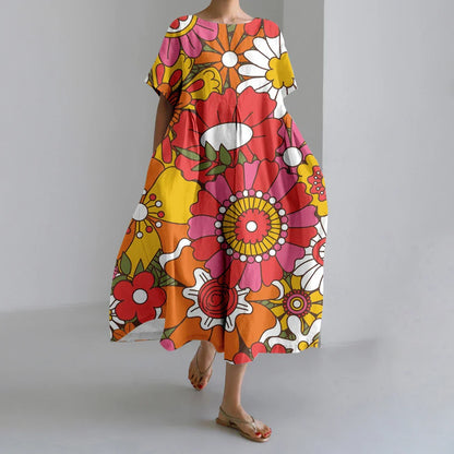 MW | Neue Sommer Frauenkleider Exquisite Elegante Rundhalsausschnitt Kurze Ärmel Lang Rosa Gepunktet Unregelmäßig Bedruckt Bequeme Midikleider