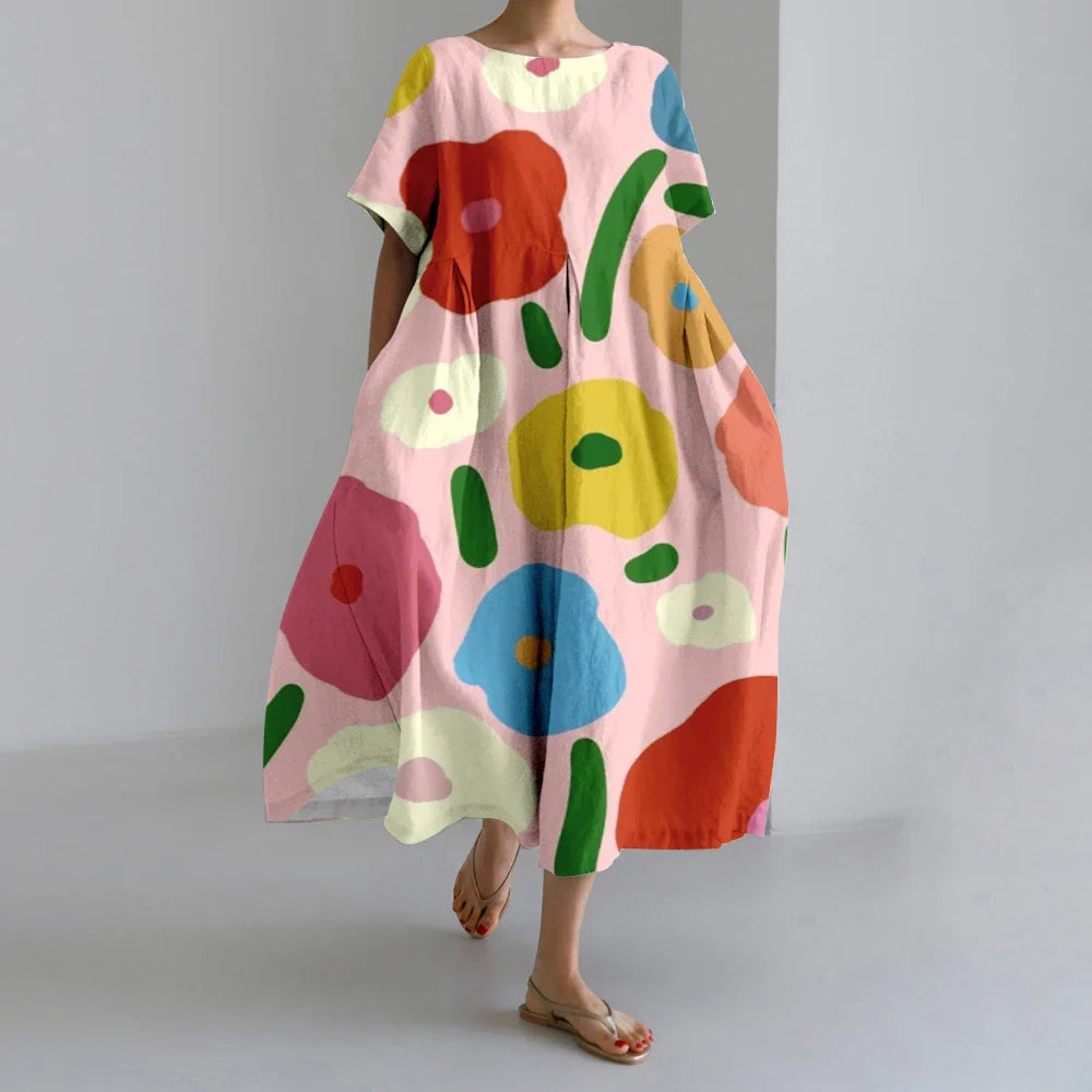 MW | Neue Sommer Frauenkleider Exquisite Elegante Rundhalsausschnitt Kurze Ärmel Lang Rosa Gepunktet Unregelmäßig Bedruckt Bequeme Midikleider