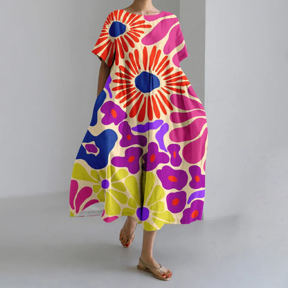 MW | Neue Sommer Frauenkleider Exquisite Elegante Rundhalsausschnitt Kurze Ärmel Lang Rosa Gepunktet Unregelmäßig Bedruckt Bequeme Midikleider