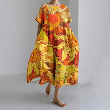 MW | Neue Sommer Frauenkleider Exquisite Elegante Rundhalsausschnitt Kurze Ärmel Lang Rosa Gepunktet Unregelmäßig Bedruckt Bequeme Midikleider