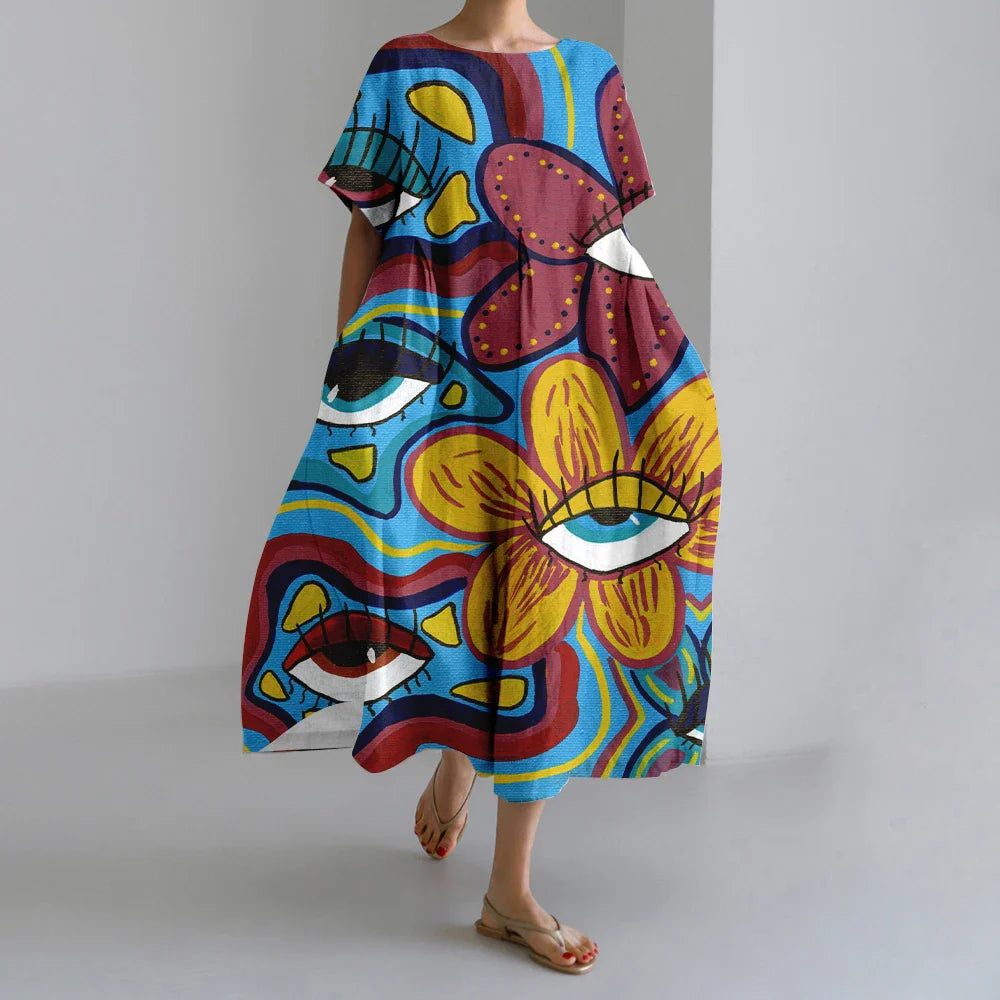 MW | Neue Sommer Frauenkleider Exquisite Elegante Rundhalsausschnitt Kurze Ärmel Lang Rosa Gepunktet Unregelmäßig Bedruckt Bequeme Midikleider