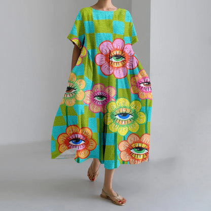 MW | Neue Sommer Frauenkleider Exquisite Elegante Rundhalsausschnitt Kurze Ärmel Lang Rosa Gepunktet Unregelmäßig Bedruckt Bequeme Midikleider