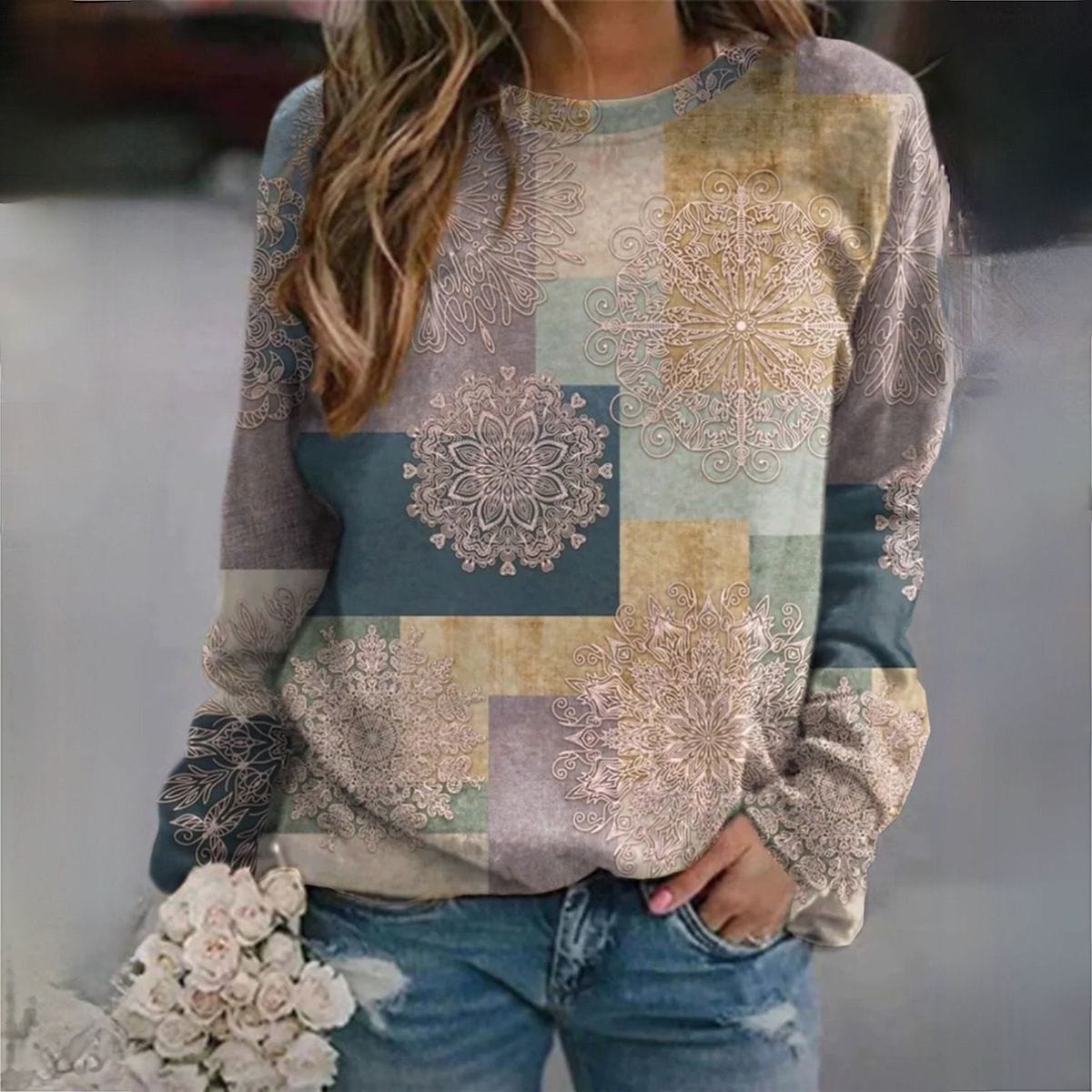 MW | Pullover mit elegantem Blockdruck