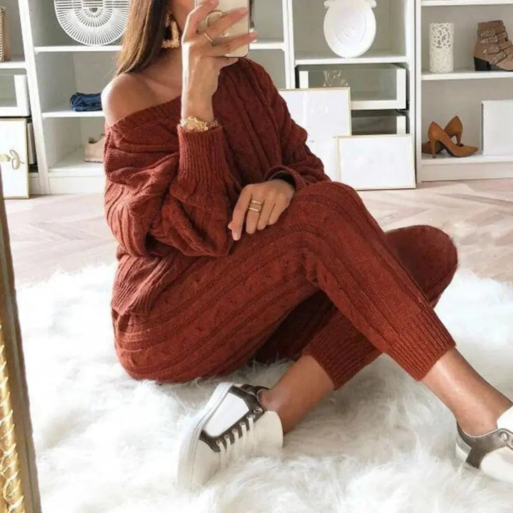 MW | MW -Damen 2-teiliger langer Strickanzug mit dickem Pullover